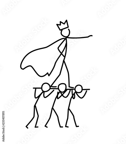 Illustration of little men and boss. Chef or king surrounded by retinue. Metaphor. Linear style. Illustration for website or presentation. Employees are lord.