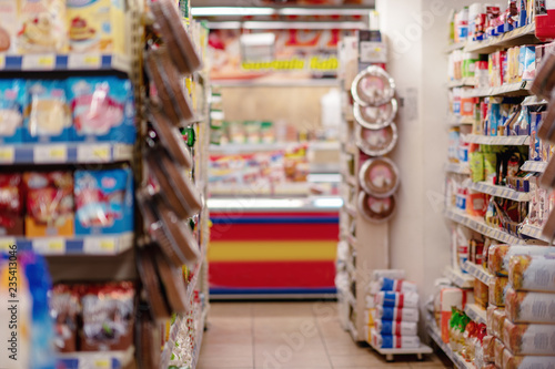 Supermarket blur background with bokeh, Miscellaneous Product shelf.