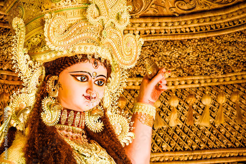 Maa Jagadhatri Idol.Very well decorated. Captured from a famous temple. It is religious festival of Chandannagar celebrated by Hindu people.. Chandannagar, West Bengal, India - November 16, 2018