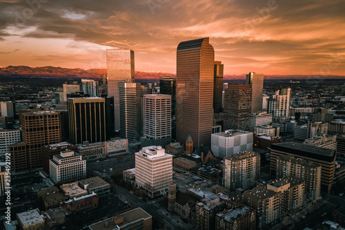 Aerial drone photo - Sunrise over the city of Denver Colorado 