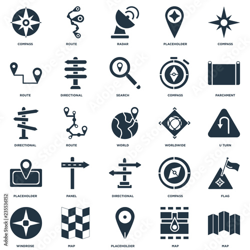 Elements Such As Map, Placeholder, Windrose, Parchment, Worldwide, Directional, Route, Radar, Route icon vector illustration on white background. Universal 25 icons set.
