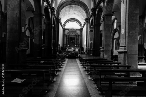 Beautiful church seen from the inside photographed in black and white