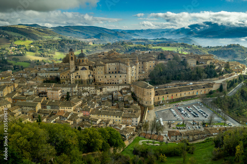 Aerial view of the Ducal Palace at the popular tourist destination world heritage site of Urbino in the Marche region Italy