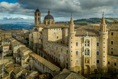Aerial view of the Ducal Palace at the popular tourist destination world heritage site of Urbino in the Marche region Italy