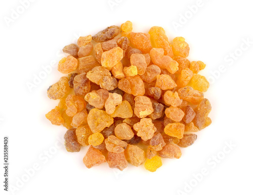 Closeup on a Pile of Frankincense Olibanum Aroma Resin. Isolated on White Background.