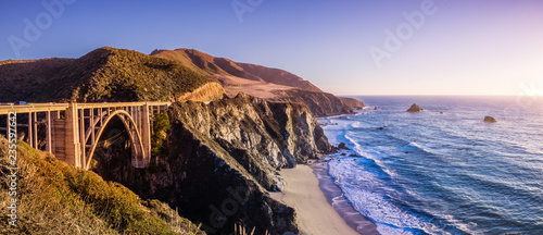 Panoramic view of Bixby Creek Bridge and the dramatic Pacific Ocean coastline, Big Sur, California