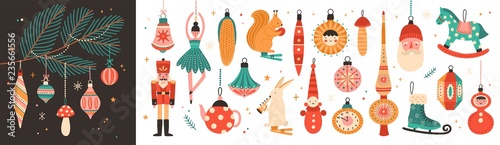 Collection of beautiful baubles and decorations for Christmas tree. Set of holiday ornaments. Figures of animals, Santa Claus, nutcracker, ballerina. Colored vector illustration in flat cartoon style.