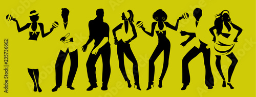 Salsa Party Time. Group of three men and four women dancing latin music. Two girls playing maracas and man playing the Claves.