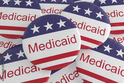 USA Politics News Badges: Pile of Medicaid Buttons With US Flag, 3d illustration