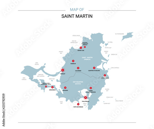Saint Martin vector map. Editable template with regions, cities, red pins and blue surface on white background. 