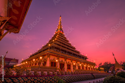 Phra Mahathat Kaen Nakhon, or Wat Nong Wang, is a royal temple with beautiful sculptures of 9-storey relics, a landmark Buddhist site in Khon Kaen Province, Thailand.
