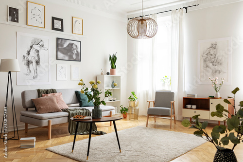 Table with flowers on carpet in apartment interior with posters above sofa near armchair. Real photo