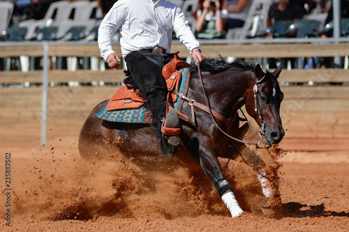 Widok z boku jeźdźca w dżinsach, kowbojskich czapkach i kraciastej koszuli na lejącym się koniu zatrzymuje się na arenie w czerwonej glinie.