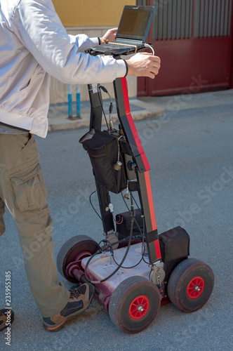 The GPR is a noninvasive method used in geophysics. It is based on the analysis of electromagnetic waves transmitted into the ground reflections.