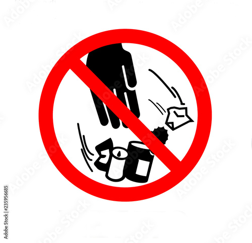 Do not litter sign. Don`t throw trash on the ground. Prohibition sign with the symbol of a hand throwing beer can,paper, tin cans and other garbage