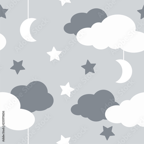 Seamless pattern with sky elements in line art style, grey night