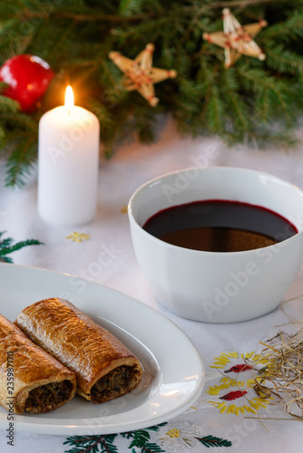 Polish Christmas borscht with mushroom and cabbage pastry homemade