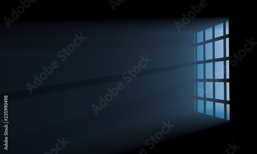 Night scene of volume moon light seen through the lattice window from dark room. 3D illustration