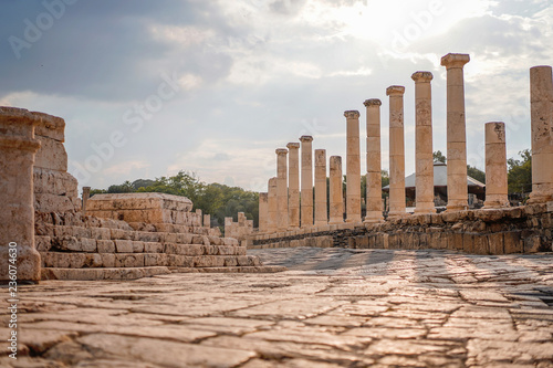 ancient street and columns in archaeological site Scythopolis, Beit Shean National Park, Jordan Valley, Israel. Ruins of the roman period