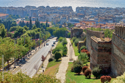 Cityscape of thessaloniki with the walls of Eptapyrgio on the right
