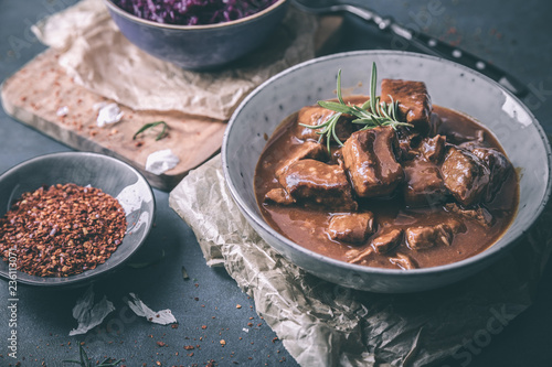 Delicious goulash with red cabbage chili and rosemary
