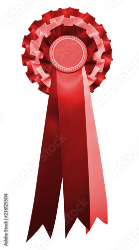 A stylish retro vintage Award rosette medal badge with ribbon in the USA united states and englands flag's colours. red color. isolated and cutout on white.