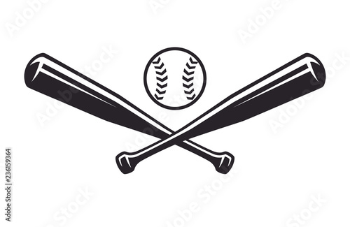 Monochrome two crossed baseball bats, icon sports tool. Vector illustration, isolated on white background. Simple shape for design logo, emblem, symbol, sign, badge, label, stamp.