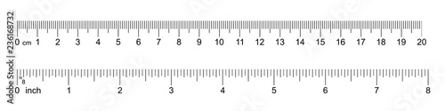 Ruler 20 cm, 8 inch. Set of ruler 20 cm 8 inch. Measuring tool. Ruler scale. Grid cm, inch. Size indicator units. Metric Centimeter, inch size indicators. Vector