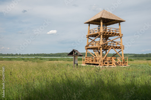 Bird watching tower near the lake 