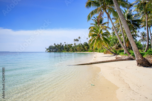A nice and empty beach in a tropical desert island of Sumatra, Indonesia. Blue sky, white sand and coconut trees, a dream holiday place to relax, ses, a dream holiday place to relax, snorkel and rest.