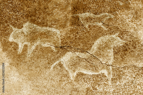 the image of ancient animals on the wall of the cave, painted by ancient man. history, archaeology.