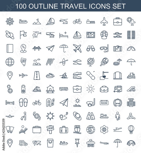 travel icons. Set of 100 outline travel icons included tent, umbrella, helicopter, cargo plane back view, pin on white background. Editable travel icons for web, mobile and infographics.