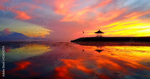 Asian Gazebo Silhouette During Tropical Sunrise On Ocean Point - Sanur Beach, Indonesia