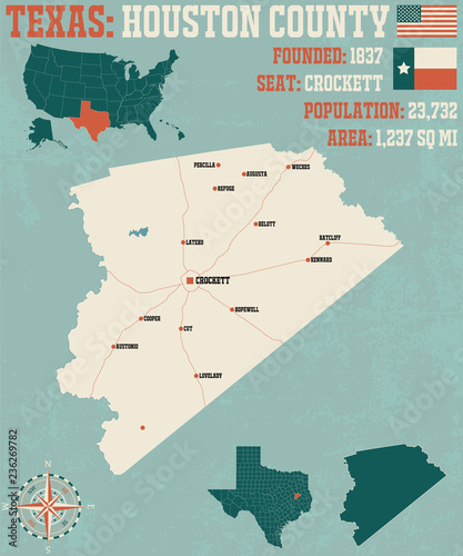 Detailed map of Houston County in Texas, USA