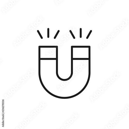 Black isolated outline icon of magnet on white background. Line icon of magnet. Symbol of gravity, attraction.