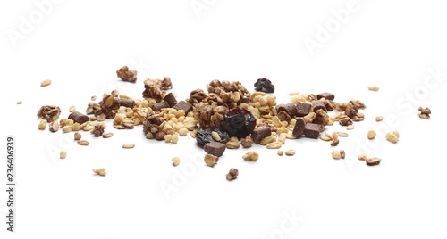 Crunchy granola, muesli with chocolate and cherry pieces isolated on white background