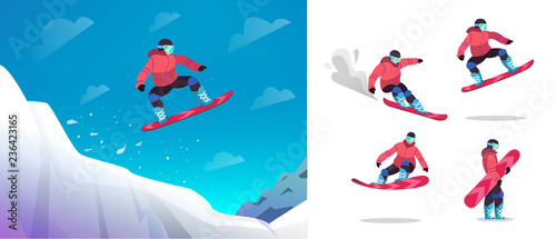 Snowboarder jumps from a springboard. A snowboard athlete performs a trick. Character set snowboarder in different poses. Isolated vector illustration in flat style on white background.