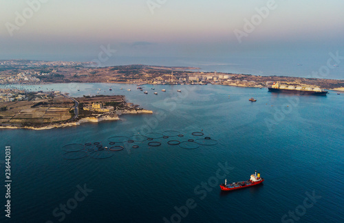 Malta Freeport and tuna farm. Malta country. Mediterranean sea