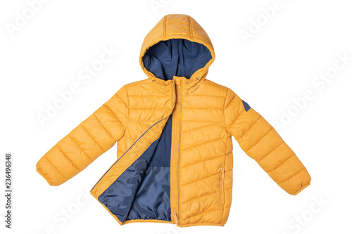 Childrens winter jacket. Stylish childrens yellow warm down jacket isolated on white background. Winter fashion.