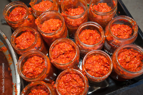 Homemade winter food called ajvar made from roasted red peppers