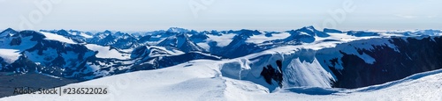 Panorama vew from Glittertind. Galdhøpiggen is seen to the right of the picture's centre, Hurrungane to the left. Jotunheimen, Norway.
