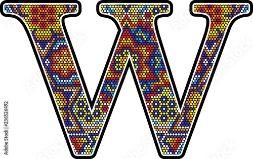 initial w with colorful dots abstract design with mexican huichol art style