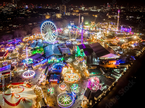 Aerial view of Christmas funfair in Hyde park, London