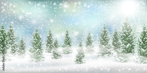 Christmas background. Winter landscape with snowdrift and falling snow. Vector backdrop for card.