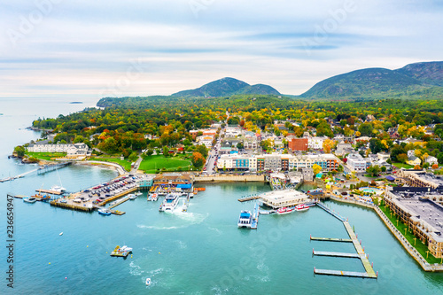 Aerial view of Bar Harbor, Maine. Bar Harbor is a town on Mount Desert Island in Hancock County, Maine and a popular tourist destination.