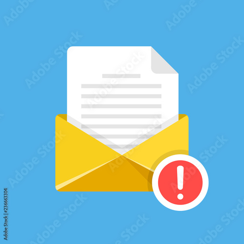 Envelope with document and exclamation point. E-mail, notification, suspicious email, warning, fraud alert concepts. Modern flat design. Vector illustration