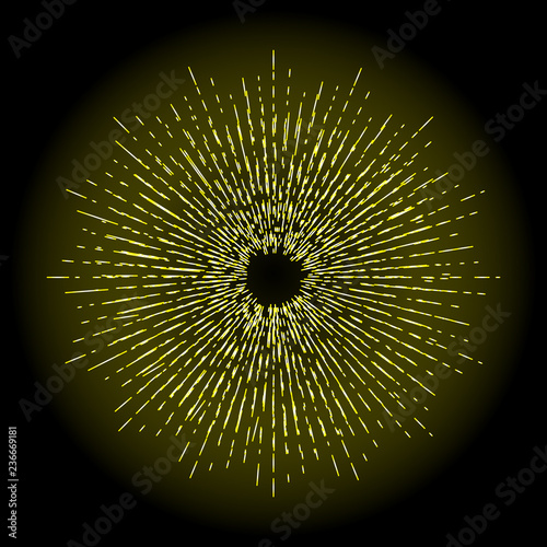 Rays of halo light and catholic rays isolated on black. Art tattoo reference template. Gold symbol of religion pride and glory. Angel and saints ring nimbus. Vector.