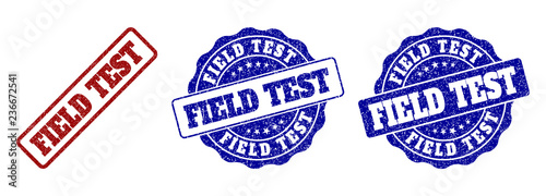 FIELD TEST grunge stamp seals in red and blue colors. Vector FIELD TEST labels with grunge style. Graphic elements are rounded rectangles, rosettes, circles and text titles.