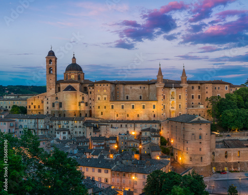 Panorama in Urbino at sunset, city and World Heritage Site in the Marche region of Italy.