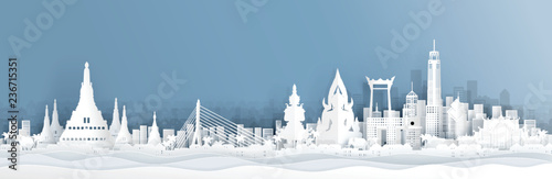 Panorama view of Thailand skyline with world famous landmarks in paper cut style vector illustration